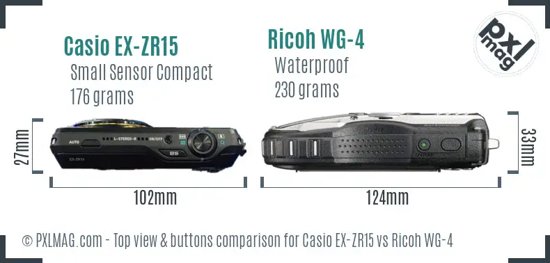 Casio EX-ZR15 vs Ricoh WG-4 top view buttons comparison