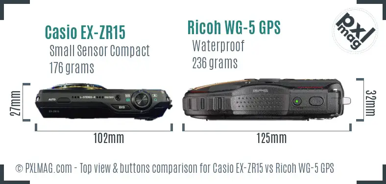 Casio EX-ZR15 vs Ricoh WG-5 GPS top view buttons comparison