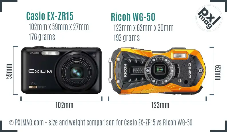 Casio EX-ZR15 vs Ricoh WG-50 size comparison