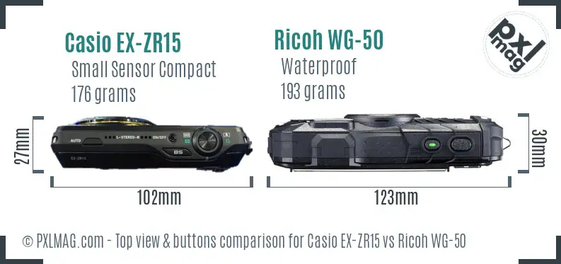 Casio EX-ZR15 vs Ricoh WG-50 top view buttons comparison