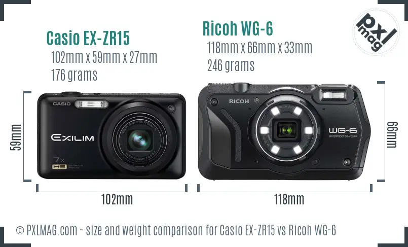 Casio EX-ZR15 vs Ricoh WG-6 size comparison