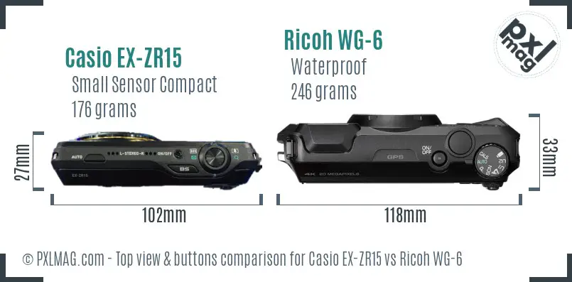 Casio EX-ZR15 vs Ricoh WG-6 top view buttons comparison