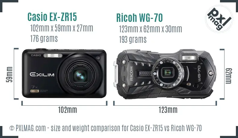 Casio EX-ZR15 vs Ricoh WG-70 size comparison
