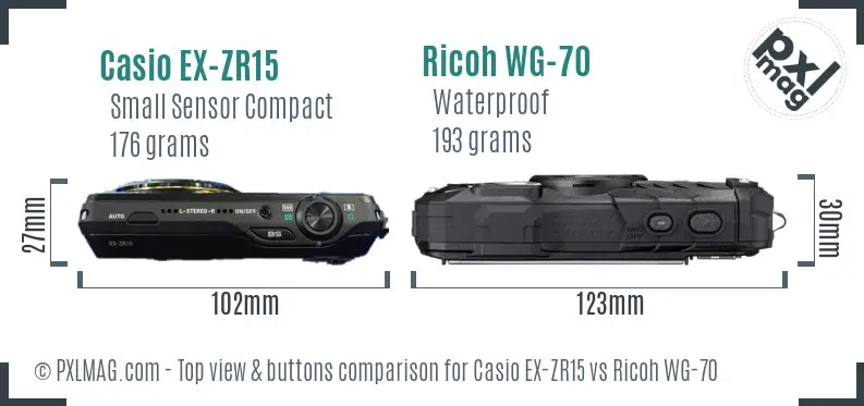 Casio EX-ZR15 vs Ricoh WG-70 top view buttons comparison