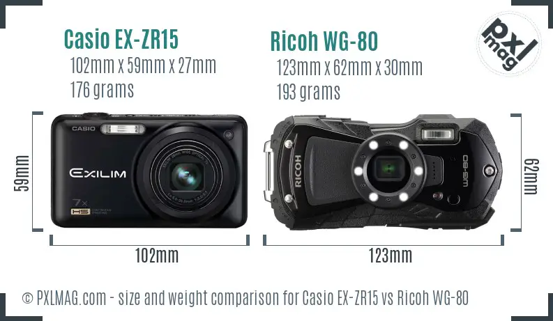 Casio EX-ZR15 vs Ricoh WG-80 size comparison