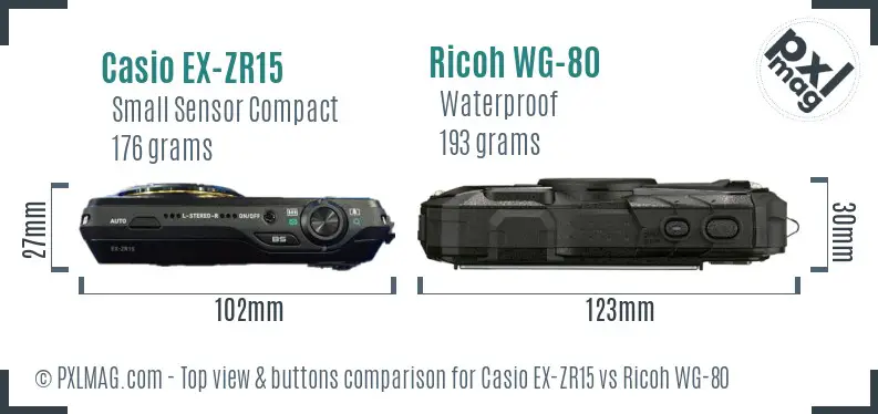 Casio EX-ZR15 vs Ricoh WG-80 top view buttons comparison