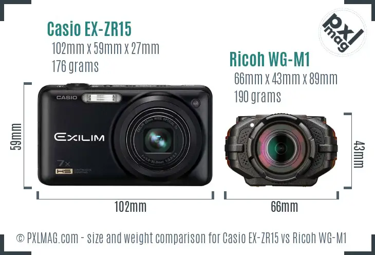 Casio EX-ZR15 vs Ricoh WG-M1 size comparison