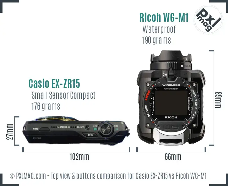 Casio EX-ZR15 vs Ricoh WG-M1 top view buttons comparison