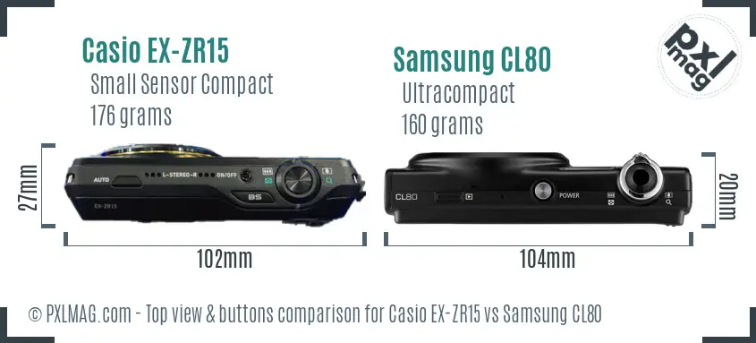Casio EX-ZR15 vs Samsung CL80 top view buttons comparison Casio EX-ZR15 vs Samsung CL80 top view buttons comparison