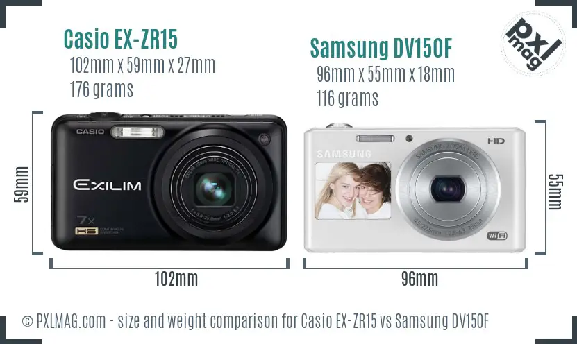 Casio EX-ZR15 vs Samsung DV150F size comparison