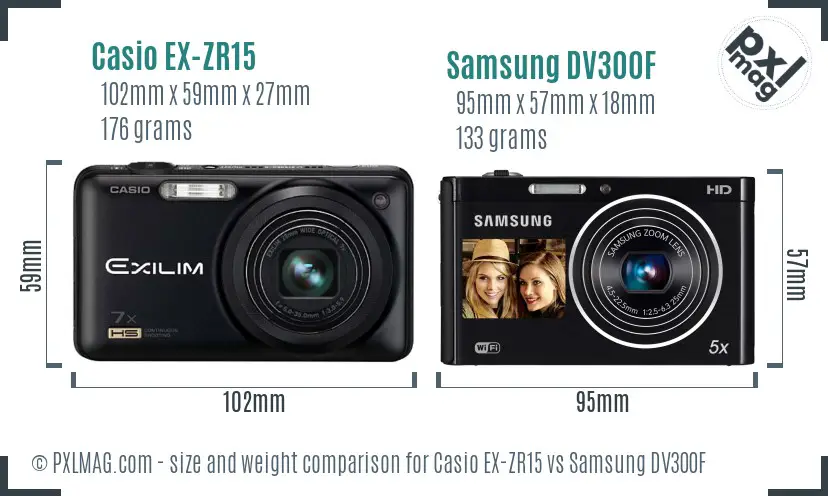 Casio EX-ZR15 vs Samsung DV300F size comparison