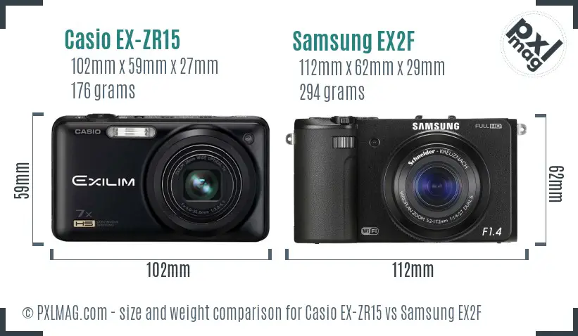 Casio EX-ZR15 vs Samsung EX2F size comparison
