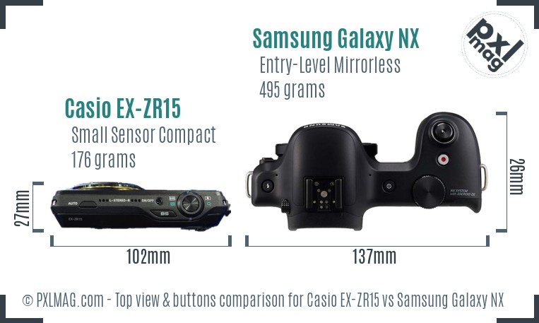 Casio EX-ZR15 vs Samsung Galaxy NX top view buttons comparison