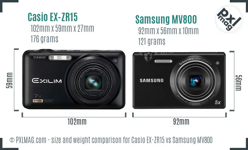 Casio EX-ZR15 vs Samsung MV800 size comparison