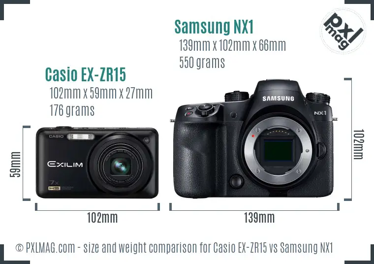 Casio EX-ZR15 vs Samsung NX1 size comparison