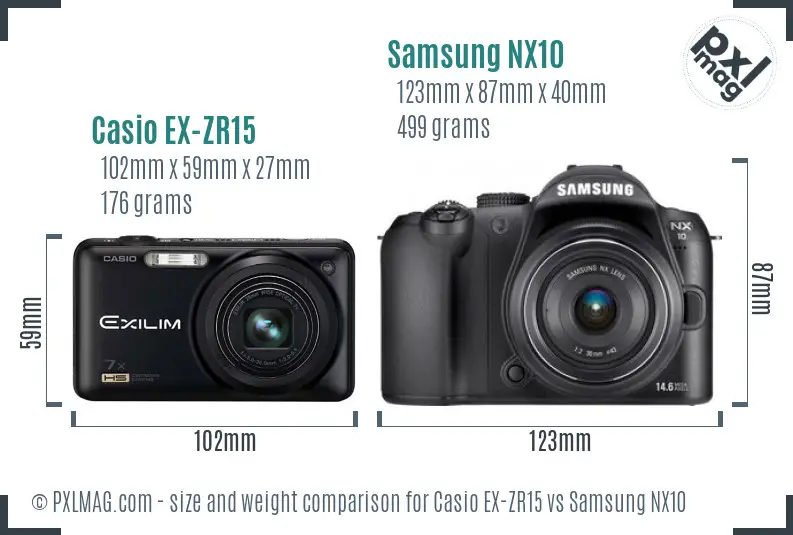 Casio EX-ZR15 vs Samsung NX10 size comparison