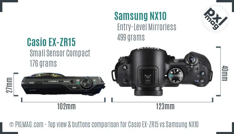 Casio EX-ZR15 vs Samsung NX10 top view buttons comparison