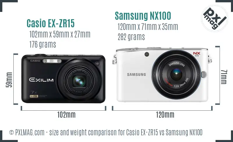 Casio EX-ZR15 vs Samsung NX100 size comparison