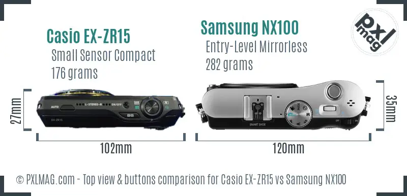 Casio EX-ZR15 vs Samsung NX100 top view buttons comparison