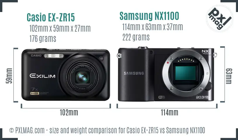 Casio EX-ZR15 vs Samsung NX1100 size comparison Casio EX-ZR15 vs Samsung NX1100 size comparison