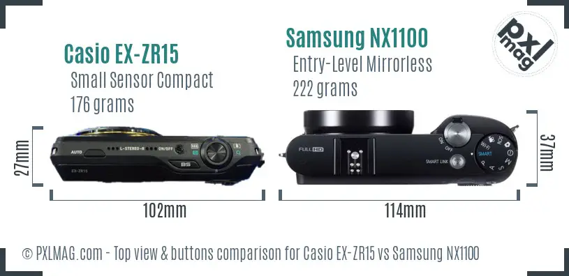 Casio EX-ZR15 vs Samsung NX1100 top view buttons comparison Casio EX-ZR15 vs Samsung NX1100 top view buttons comparison