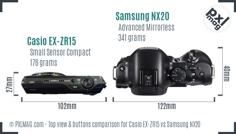 Casio EX-ZR15 vs Samsung NX20 top view buttons comparison