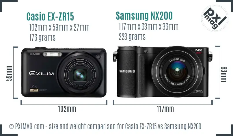 Casio EX-ZR15 vs Samsung NX200 size comparison
