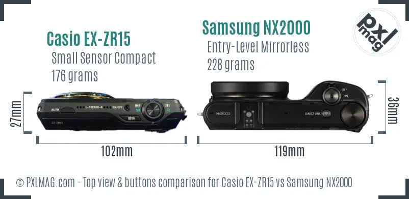 Casio EX-ZR15 vs Samsung NX2000 top view buttons comparison Casio EX-ZR15 vs Samsung NX2000 top view buttons comparison