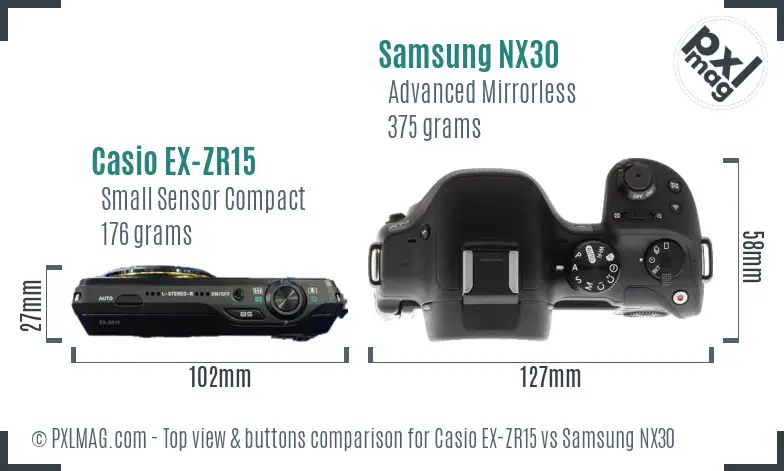 Casio EX-ZR15 vs Samsung NX30 top view buttons comparison