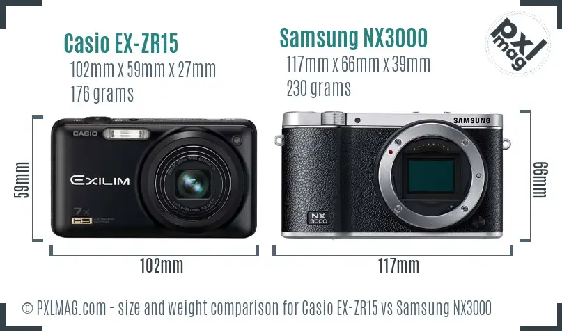 Casio EX-ZR15 vs Samsung NX3000 size comparison