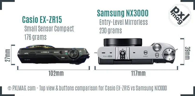 Casio EX-ZR15 vs Samsung NX3000 top view buttons comparison