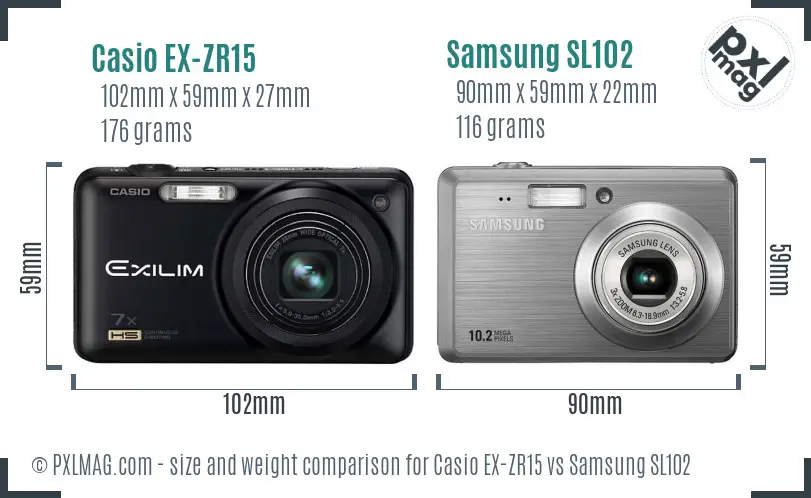 Casio EX-ZR15 vs Samsung SL102 size comparison