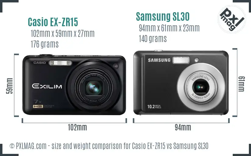 Casio EX-ZR15 vs Samsung SL30 size comparison