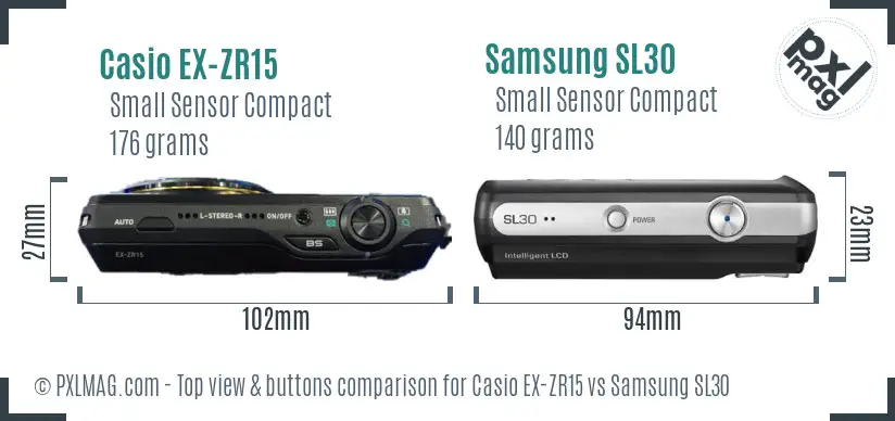 Casio EX-ZR15 vs Samsung SL30 top view buttons comparison