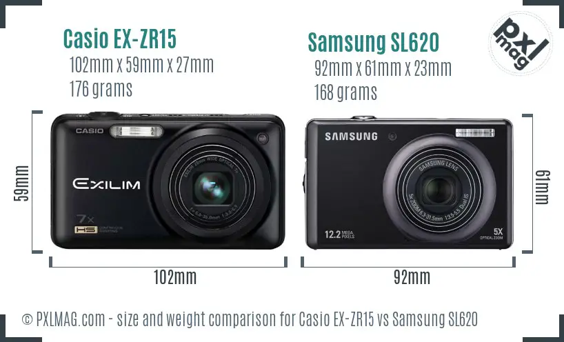 Casio EX-ZR15 vs Samsung SL620 size comparison
