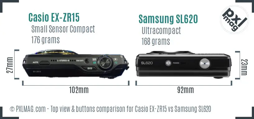 Casio EX-ZR15 vs Samsung SL620 top view buttons comparison