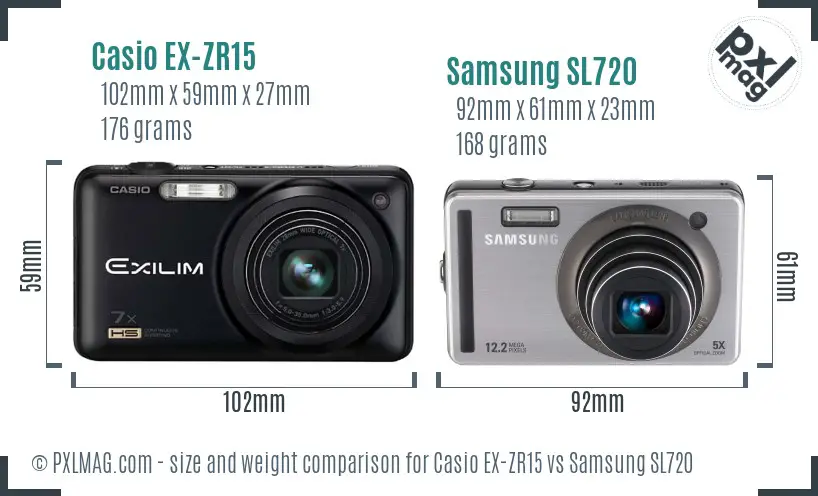 Casio EX-ZR15 vs Samsung SL720 size comparison