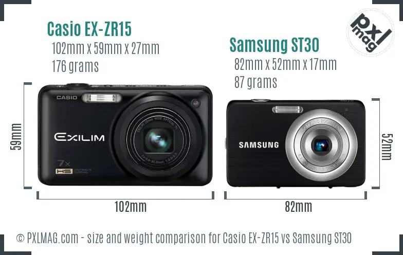 Casio EX-ZR15 vs Samsung ST30 size comparison