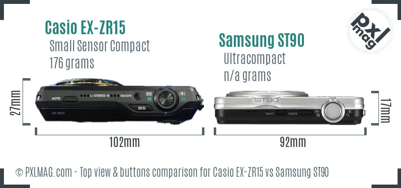 Casio EX-ZR15 vs Samsung ST90 top view buttons comparison Casio EX-ZR15 vs Samsung ST90 top view buttons comparison