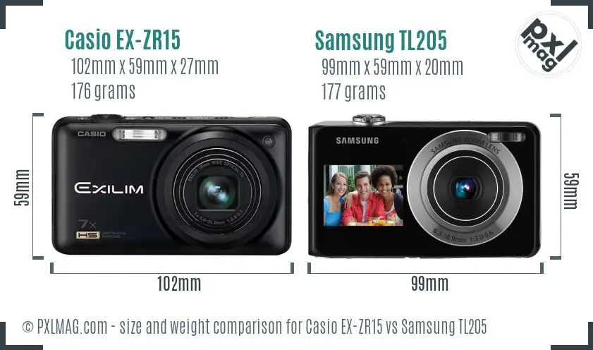 Casio EX-ZR15 vs Samsung TL205 size comparison