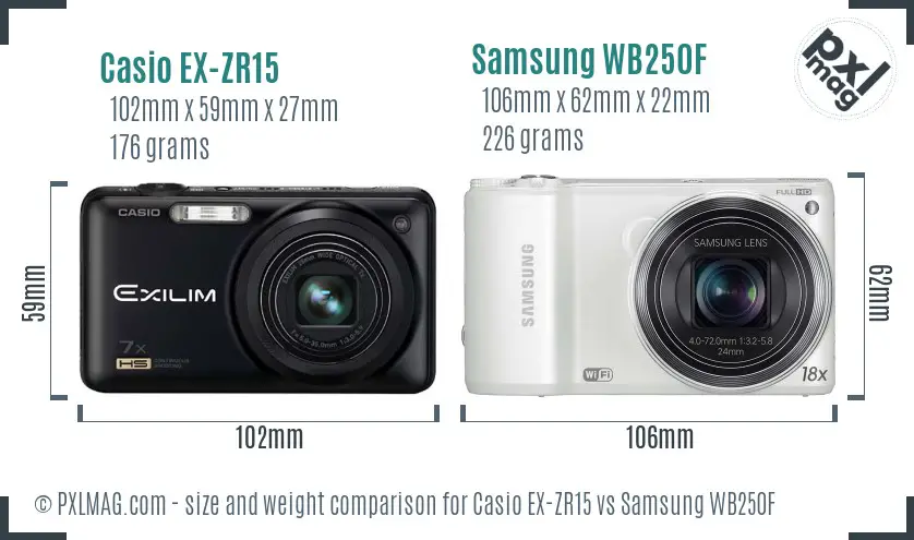Casio EX-ZR15 vs Samsung WB250F size comparison