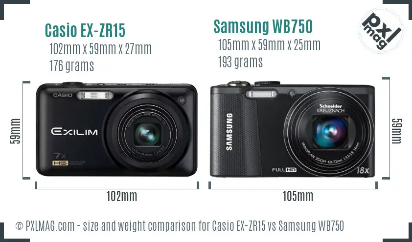 Casio EX-ZR15 vs Samsung WB750 size comparison