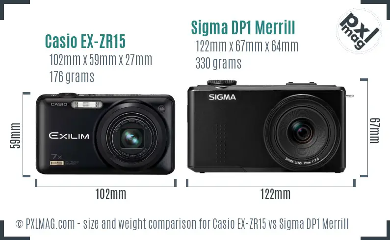 Casio EX-ZR15 vs Sigma DP1 Merrill size comparison Casio EX-ZR15 vs Sigma DP1 Merrill size comparison