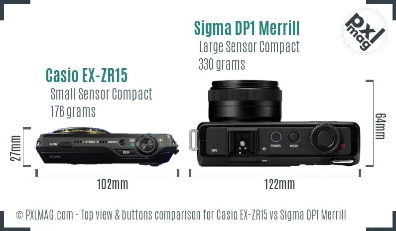 Casio EX-ZR15 vs Sigma DP1 Merrill top view buttons comparison Casio EX-ZR15 vs Sigma DP1 Merrill top view buttons comparison