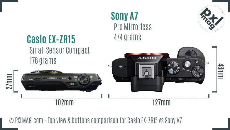 Casio EX-ZR15 vs Sony A7 top view buttons comparison