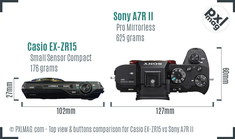 Casio EX-ZR15 vs Sony A7R II top view buttons comparison Casio EX-ZR15 vs Sony A7R II top view buttons comparison
