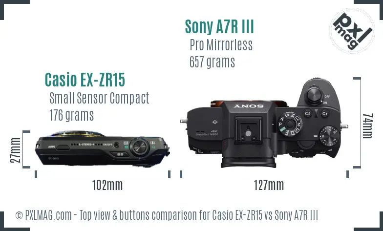 Casio EX-ZR15 vs Sony A7R III top view buttons comparison Casio EX-ZR15 vs Sony A7R III top view buttons comparison