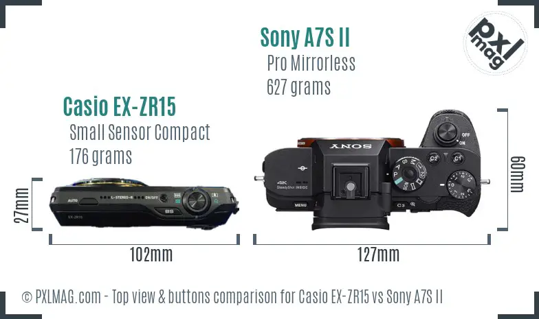 Casio EX-ZR15 vs Sony A7S II top view buttons comparison