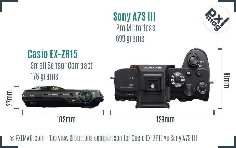 Casio EX-ZR15 vs Sony A7S III top view buttons comparison