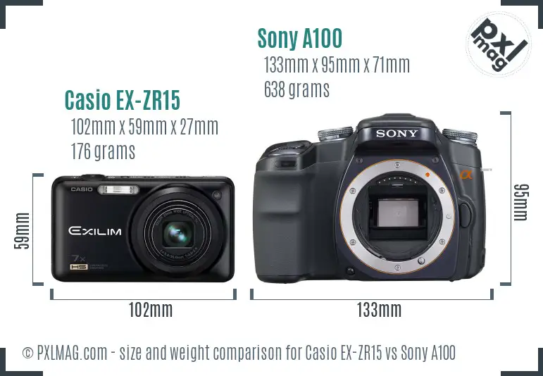 Casio EX-ZR15 vs Sony A100 size comparison Casio EX-ZR15 vs Sony A100 size comparison